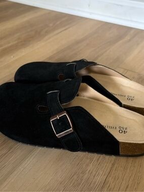 Black Suede Slip-On Mule with Buckle - Women